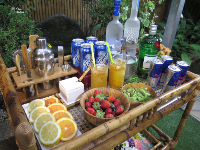 carrinho bar com gin tônica, energético, vodka e frutas